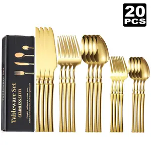 20 Piece Matte Gold Silverware Set , Stainless Steel Silverware Set for 4, Mirror Polished Knives Forks Spoons Teaspoons & Dessert Forks Durable Dishwasher Safe, little  silverware,kitchen，kitchen accessories，kitchen essentials，knives kitchen set with tik