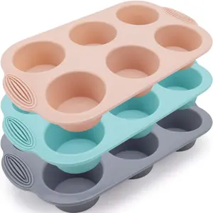 Silicone Muffin Pan - 6-Cavity Nonstick Baking Tray for Muffins, Cupcakes, Brownies and More - Food Grade and BPA Free - Pack of 3, Flexible Tin Round Baked