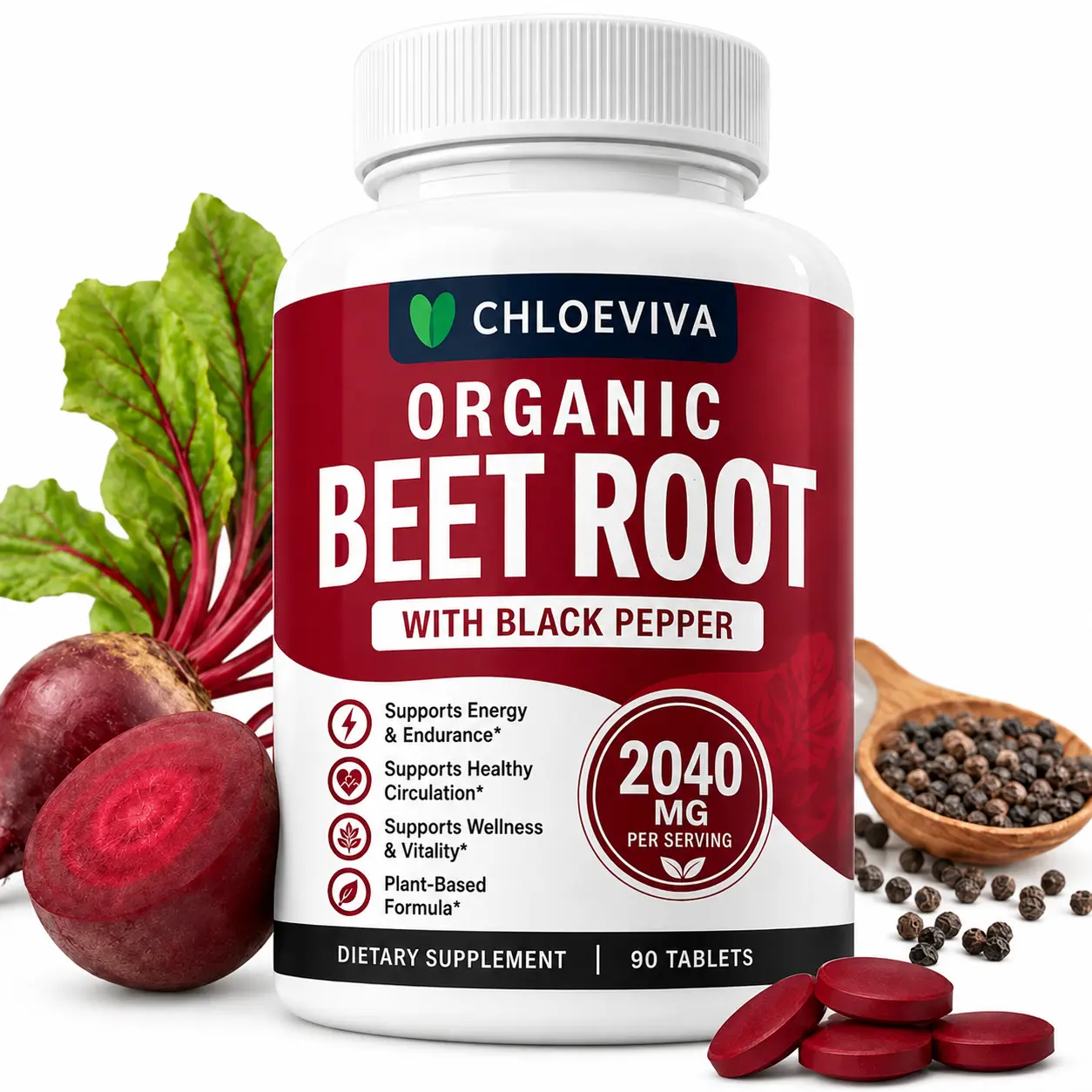 CHLOEVIVA Organic Beet Root Tablets - 2040mg Nitric Oxide Booster Dietary Supp., Prop 65 Safe Fitness & Wellness Nutrition Supplement