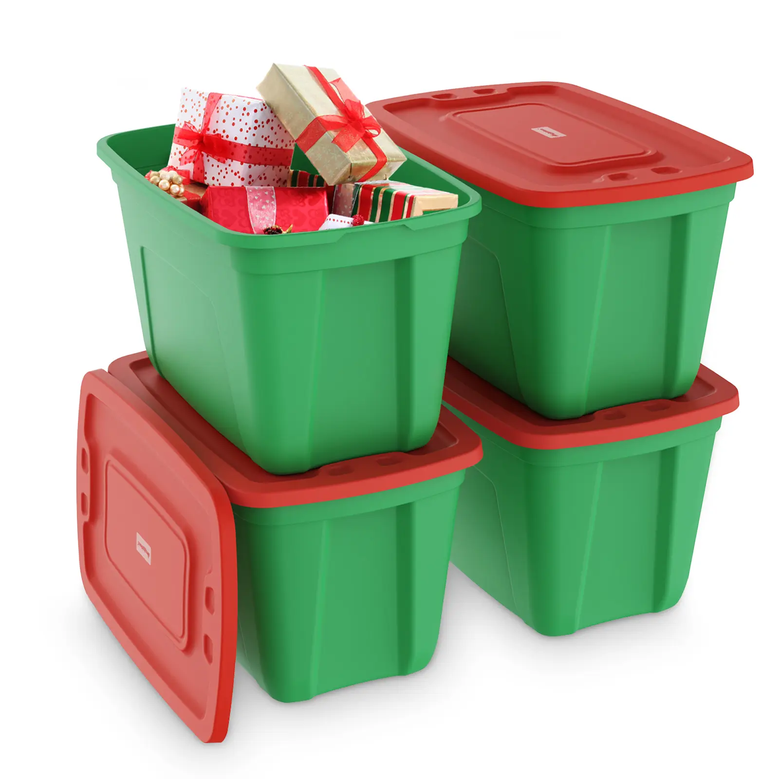 SimplyKleen 4-Pack 18 Gallon Christmas Storage Totes with Snap Lids, Red & Green Stackable Plastic Bins
