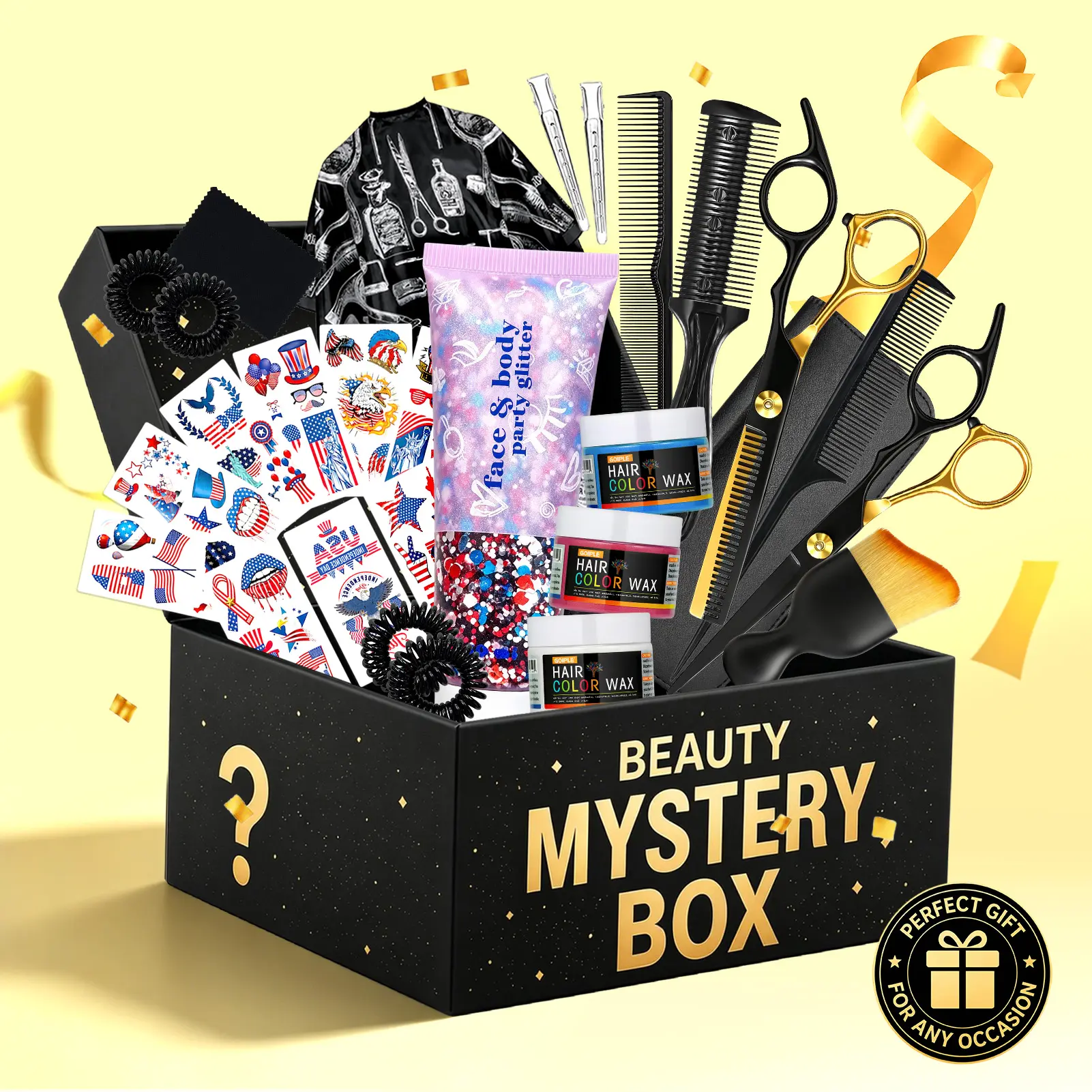 Beauty Mystery Box with Haircut Set, Hair Care Tools, Cutting Scissors, Brushes, Clips, Hair Color Wax, Temporary Tattoo Sheets and Face Glitter, Surprise Beauty Gift Box for Teens and Adults Haircare