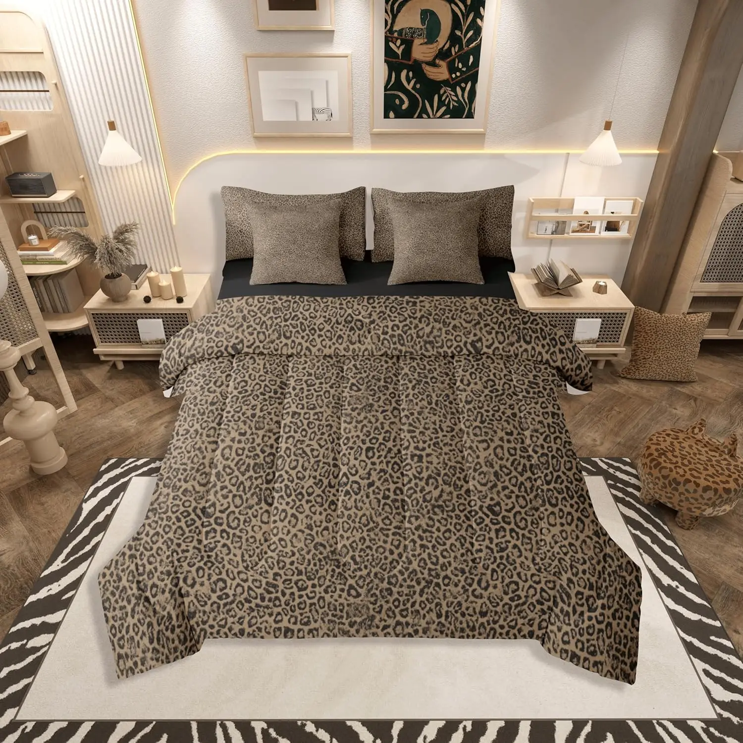 Dark Brown Leopard Print Comforter Set with Sheets Cheetah Print 7 Pieces Bedding Set Modern Art Bed in a Bag Safari Room Decor Soft Lightweight Microfiber