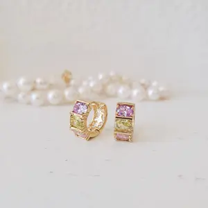 SS071535-Sterling Silver Post Cubic Zirconia Stone Brass Metal Hoop Earrings