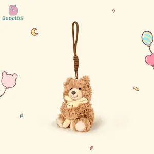 Cute Curly‑Fur Teddy Bear Plush Charm, Brown Fluffy Bear‑Holding‑Bunny Bag Pendant with Braided‑Rope Lanyard, Kawaii Cottagecore Animal Keychain