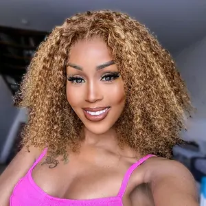 Curly Bob Wig Human Hair 200 Density Highlight 13x4 Short Bob Wig Human Hair 4/27# Pre Plucked HD Lace Frontal Wet and Wavy Honey Blonde Deep Wave Colored Wigs Glueless 14inch