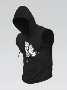 Men's Cross Print Hooded Tank Top, Regular Fit Casual Sleeveless Top for Daily Wear, Men's Clothes for All Seasons, Sweatshirts
