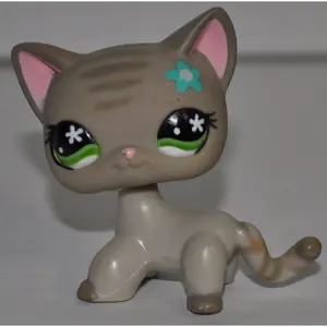 Shorthair #483 (Green Eyes, Brown Paws, Brown Stripes on Tail/head, Blue Flower On Head) Littlest Pet Shop (Retired) Collector Toy - LPS Collectible Replacement Single Figure - Loose (OOP Out of Package & Print)