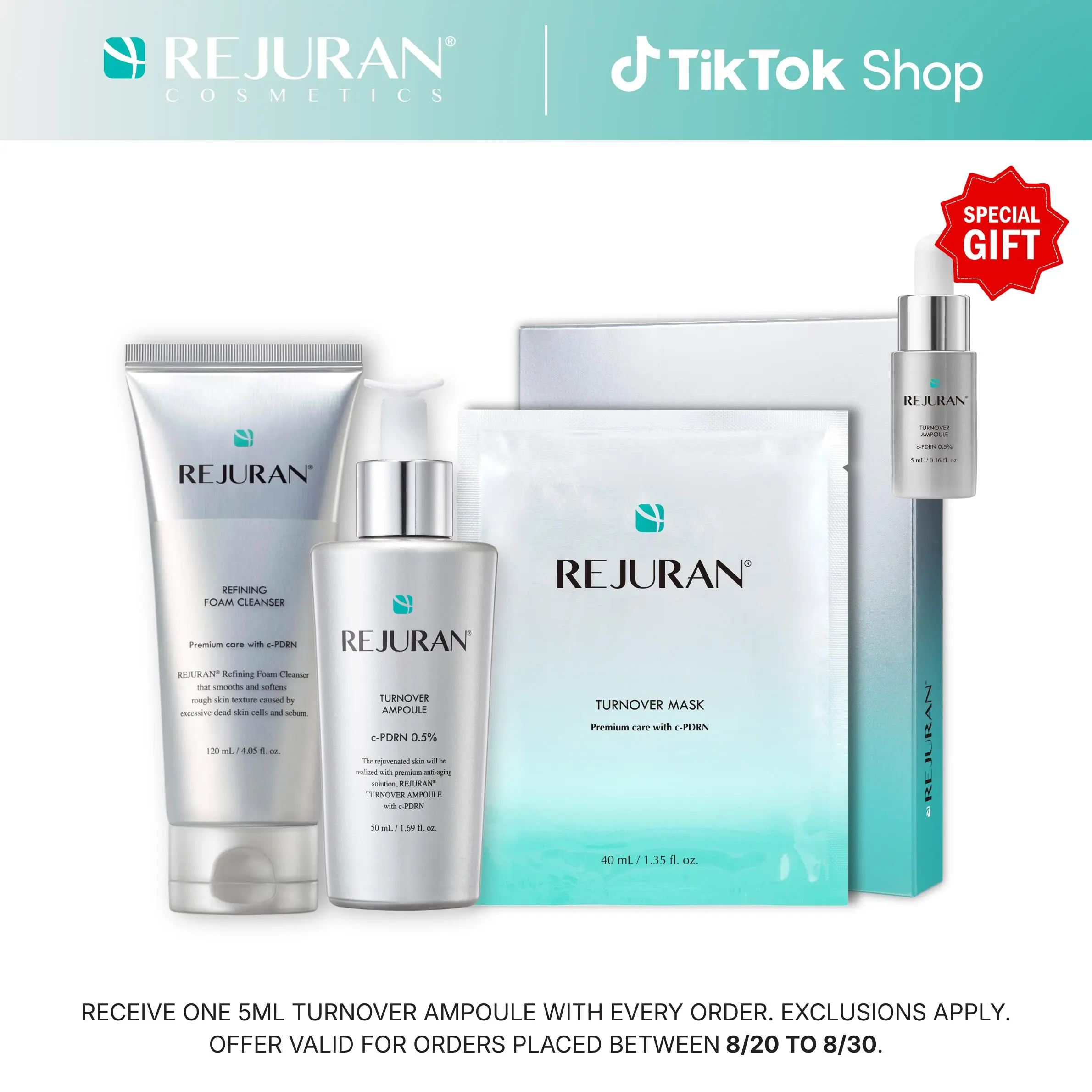 REJURAN Turnover Ampoule 50ml + Turnover Mask (5-pack) + Foam Cleanser