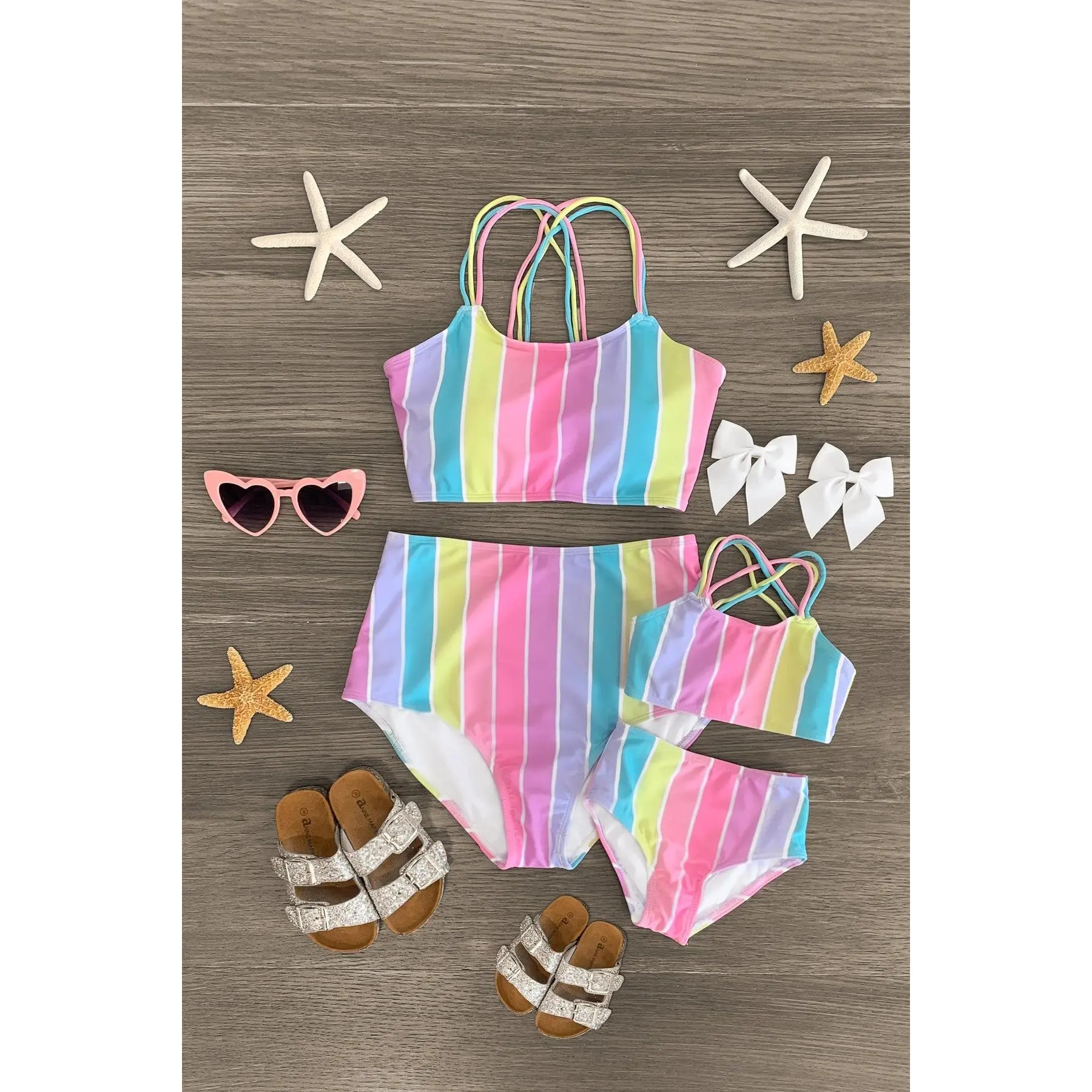 Mom & Me Family Bikini Set - Women's Pastel Rainbow Stripe 2-Piece Swimwear with Light Top, Stylish Comfortable Fabric for Beach Wear