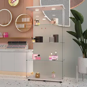 Tempered Glass Display Cabinet White 64.69x30.91x13.58in with Battery-Powered PAIPAI Light Adjustable Floor Feet for Uneven Ground Storage