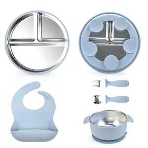 Stainless Steel & Silicone Baby Feeding Set, 5 Counts/set Including Round Plate & Bowl & Fork & Spoon & Bib, Baby Feeding Utensils for Home & Outdoor, Durable Utensils Tableware