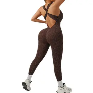 Leopard print cross back seamless one-piece yoga suit fitness sports jumpsuit leggings