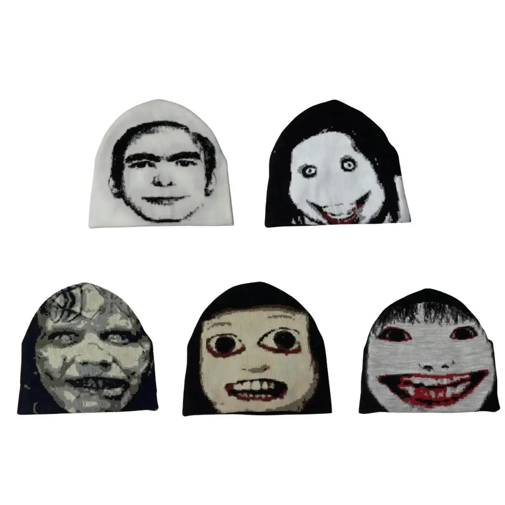 Unisex Horror Face Jacquard Knit Beanie, Spooky Graphic Print Stretch Acrylic Skull Cap, Hip‑Hop Streetwear Warm Winter Hat for Outdoor Travel Sports, Multiple Pattern Options