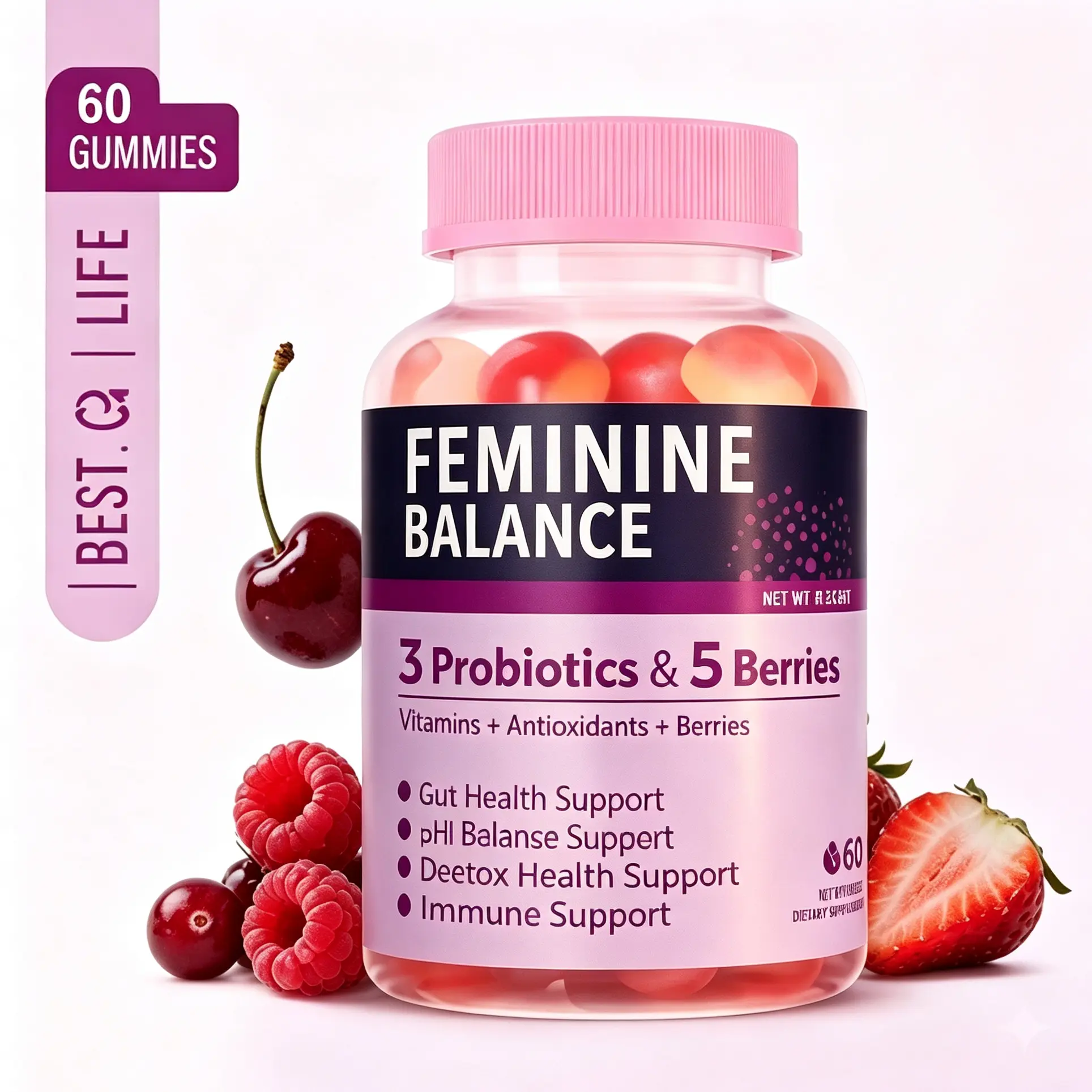 3 Strains Probiotics+5 Mixed Berry Extracts Sugar-Free | Chewable Gummies 60pcs | Supports Urinary Comfort, Gut Wellness & Cycle Balance | Daily Feminine Care Supplement for Adult Women | Cycle Sync Friendly