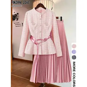 Women’s solid-color button-front cropped blazer and A-line skirt two-piece set — elegant, fashionable casual outfit for daily outdoor wear; women’s clothing for spring and fall; suits