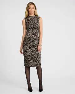 Express Ponte Leopard Crew Neck Cap Sleeve Midi Sheath Dress
