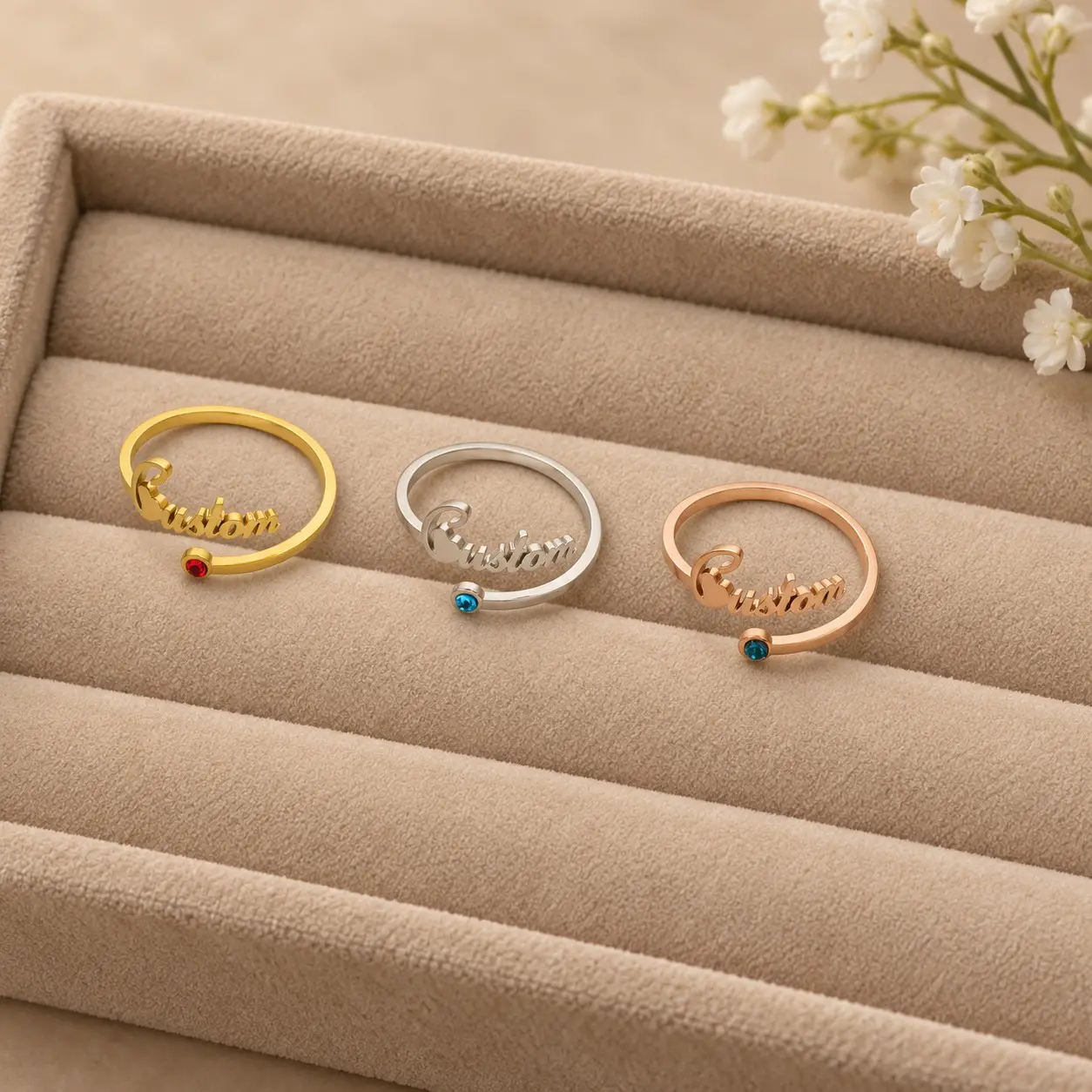 Personalized Birthstone Ring With Letter Design and Adjustable Open Band, Made to Order
