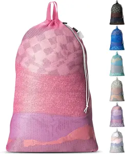 Large Mesh Laundry Bag Pink with Carry Handles Secure Drawstring Closure Machine Washable Spacious Storage Durable Soft Mesh Net Material for College Dorm Camp Laundromat Adjustable Garment