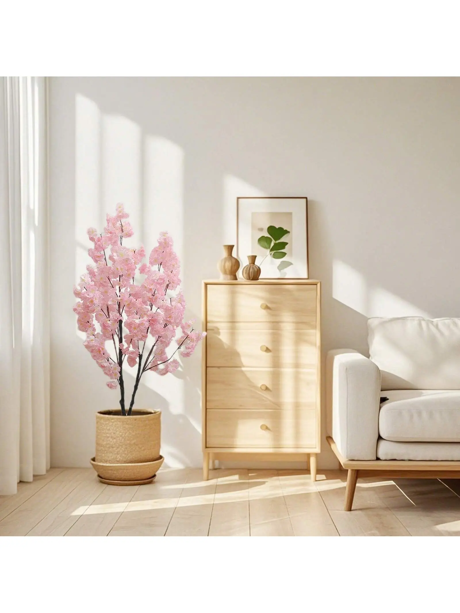 120cm Fade-Proof Artificial Cherry Tree - Pre-Potted Tall Floor Silk Plant with Pink Blossoms, Fruit, Moss, Botanical Aesthetic Home Decor Accessory for Indoor-Outdoor Weddings, Artificial Cherry Trees