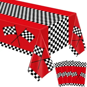 4Pcs Racing Car Birthday Theme Tablecloth Red Racing Table Cover Black White Checkerboard Tablecover 50s Party Tablecloth  Kids Boy Race Car Theme Birthday Decor 86x51IN