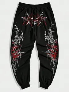 Men's Y2K Dark Thorn Print Graphic Print Jogger Pants, Loose Fit Tapered Legs Fitted Bottoms, Silver Spikes Detail, Street Style, All Seasons, Tapered Sweatpants