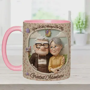 Personalized Elderly Couple Cartoon Mug – Custom Name Romantic Adventure Coffee Cup, Cute 3D Style Anniversary Love Story Gift