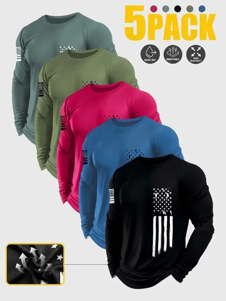 5 Pack Men's Long Sleeve Performance T-Shirt Set - Quick-Dry Athletic Tops with Patriotic Flag Graphic