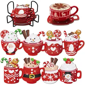 8-Piece Diamond Painting Set with Stand, Creative Christmas Theme Coaster Set, Sparkling Diamond Art Wooden Mosaic Handmade Kit