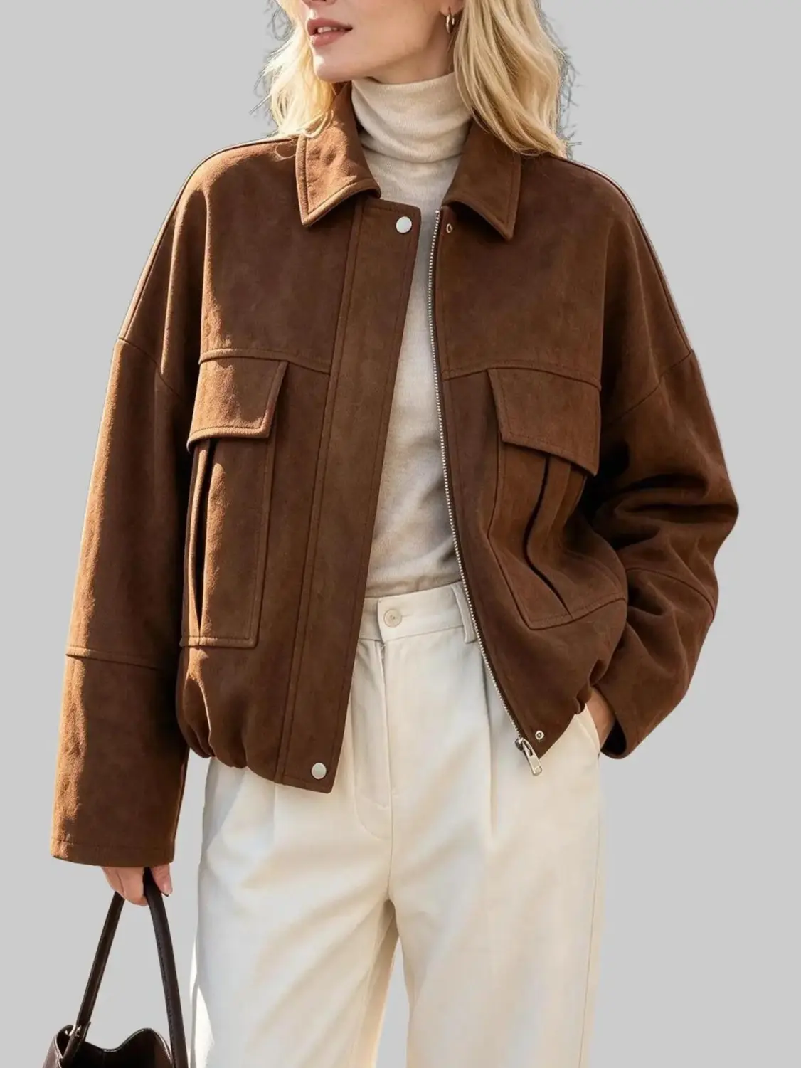 Zeagoo Women's Batwing Faux Suede Bomber Coat - Dark Brown, Vintage Minimalist, Collared, Long Sleeve, Loose Cut, Warm Zip-Up Autumn Winter Outerwear for Women's Fashion