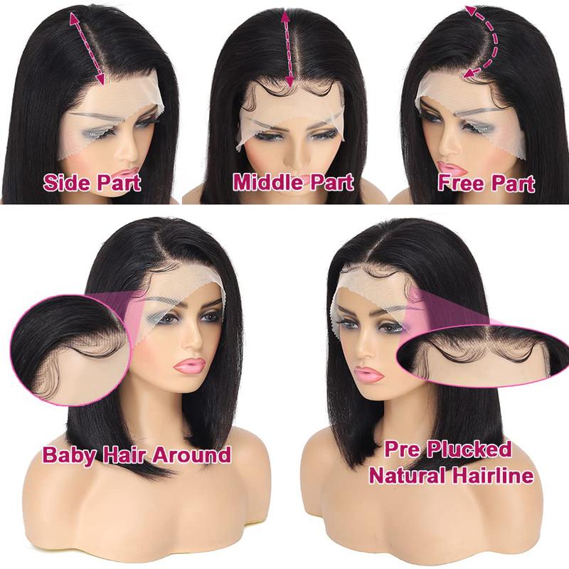 Hermsile Straight Bob Wigs Human Hair Wigs For Black Women 13x4 Straight Lace Front Wigs Human Hair Lace Front Wigs Pre Plucked HD Lace Frontal Wigs 180% Density Short Bob Wigs Natural Color 10 inch