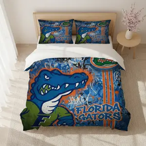 Street Style Team Bedding Set, Tough Crocodile Mascot with Graffiti Font, Blue, Florida University Spirit