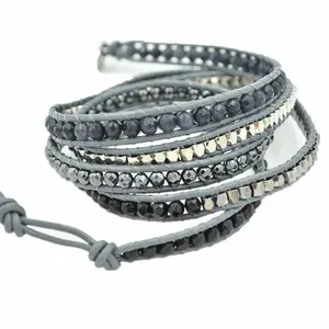 Black and Gray Stones on Gray Leather Wrap Bracelet