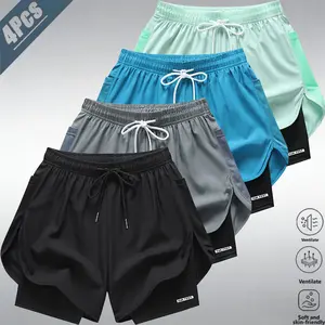 4-Pack Men’s Fake Two-Piece Anti-Exposure Quick-Dry Athletic Shorts, American Professional Running & Fitness Style, Cooling Breathable Skin-Friendly Fabric—Cooling, Sweat-Wicking, Non-Restrictive Fit, Elastic Drawstring Waistband Doesn’t Pinch or Roll, Si