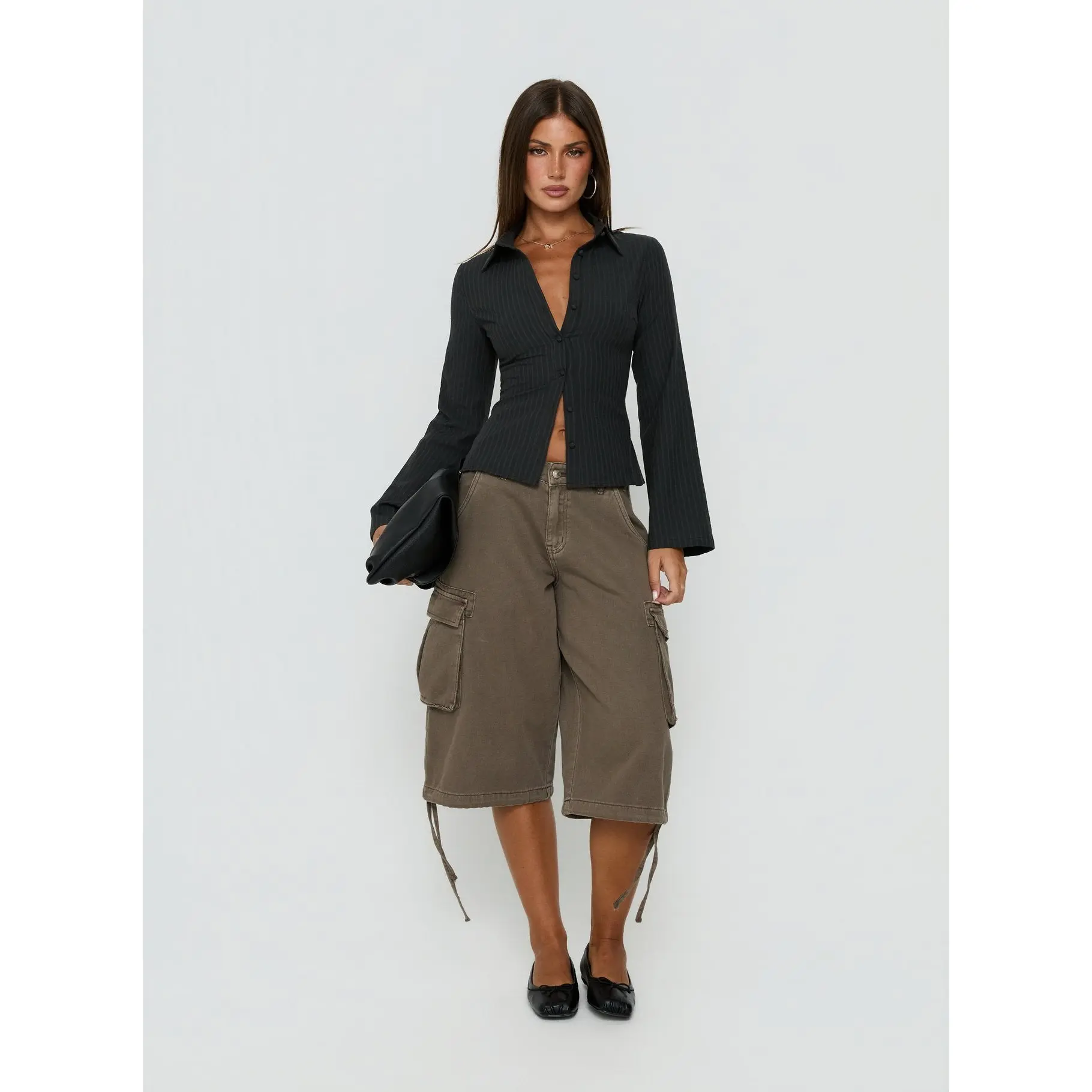 Anni Pinstripe Shirt Black Long Sleeve Collared 2026