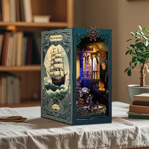 DIY Book Nook Kit with LED Lights, 3D Wooden Miniature Undersea Shadow World Bookshelf Insert Decor, Handmade Bookend Model, Gift for Adults & Book Lovers
