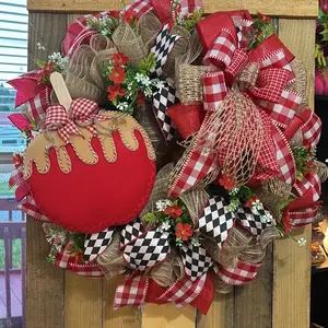 Country Fair Candy Apple Wreath with Vibrant Red Tones Rustic Burlap Bold Checkered Gingham Ribbons & Miniature Flowers for Fall Farmhouse Decor