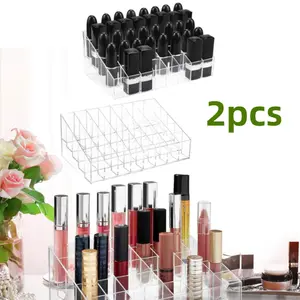 2 Pack Lipstick Holder, 40 Slot Acrylic Lipstick & Makeup Organizer, Clear Cosmetic Display Case for Lipstick, Brushes, Bottles