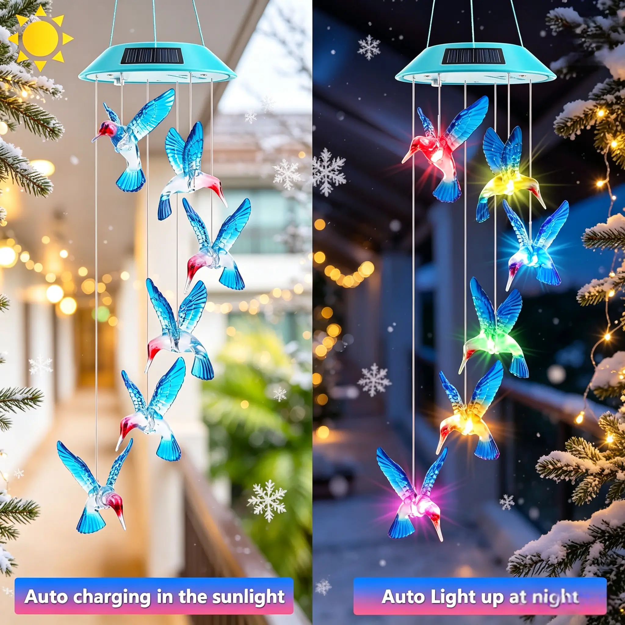 Christmas Hummingbird Solar Wind Chime Lights, Color Changing LED Hummingbird Hanging Light, Waterproof Outdoor Solar Powered Light for Xmas Yard Patio Garden Holiday Home Decor