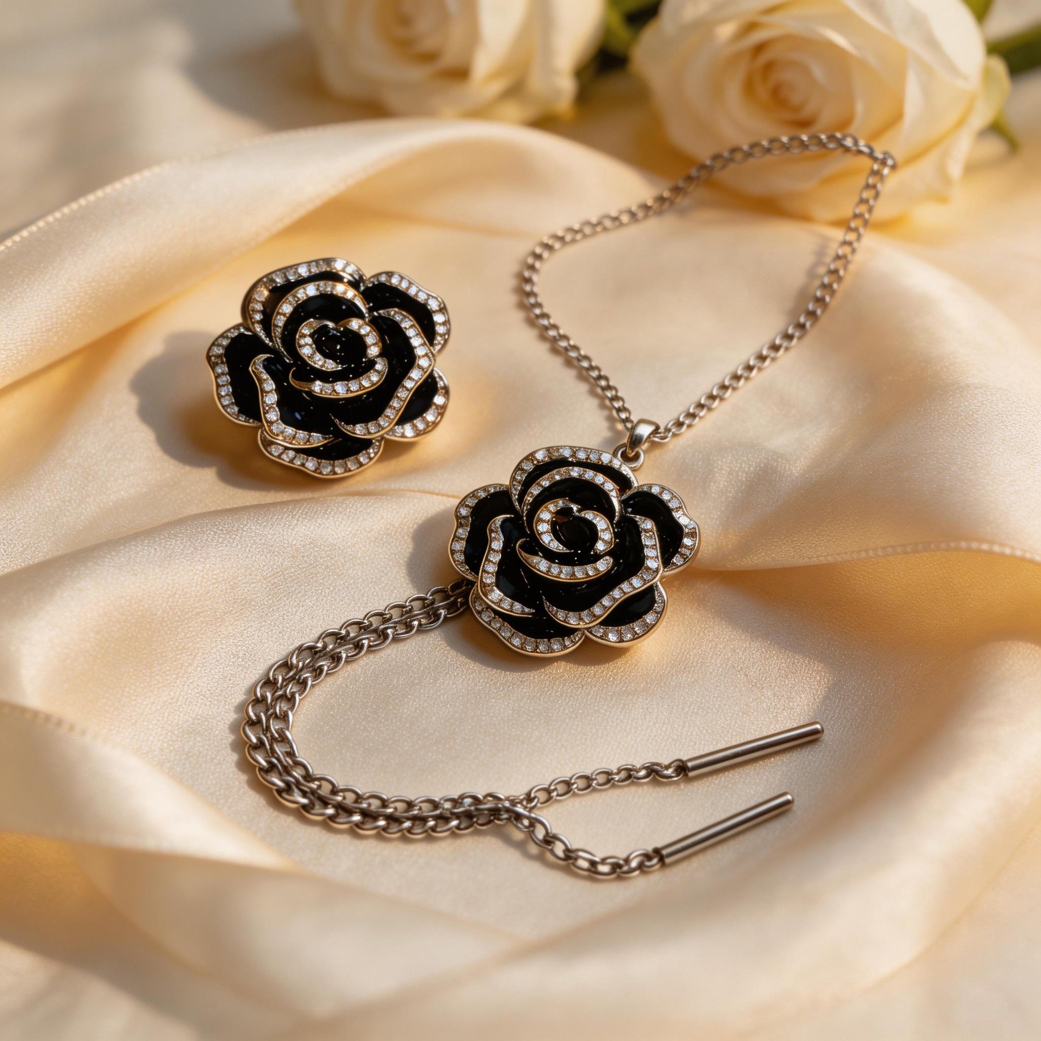 Sensitive Skin-Safe Black Rose Necklace, Adjustable Chain, a Surprise Gift for Anniversary/Prom Hypoallergenic Luxury Rose Necklace & Brooch, Sparkling CZ, a Precious Gift for Her Sensitive Skin