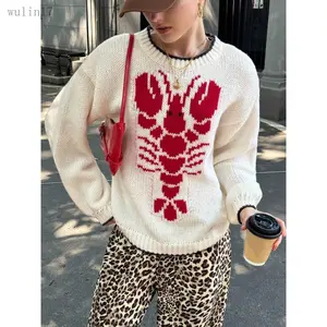 New2025Women's Cartoon Lobster Print Drop Shoulder Sweater, Casual Long Sleeve Round Neck Jumper for Fall & Winter, Fashion Ladies' Knitwear for Daily Wear, Longsleeves Tops for Women, Womenswear(Gift)11