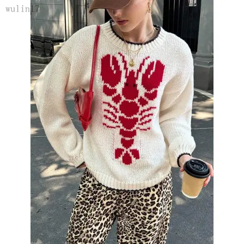 New2025Women's Cartoon Lobster Print Drop Shoulder Sweater, Casual Long Sleeve Round Neck Jumper for Fall & Winter, Fashion Ladies' Knitwear for Daily Wear, Longsleeves Tops for Women, Womenswear(Gift)11