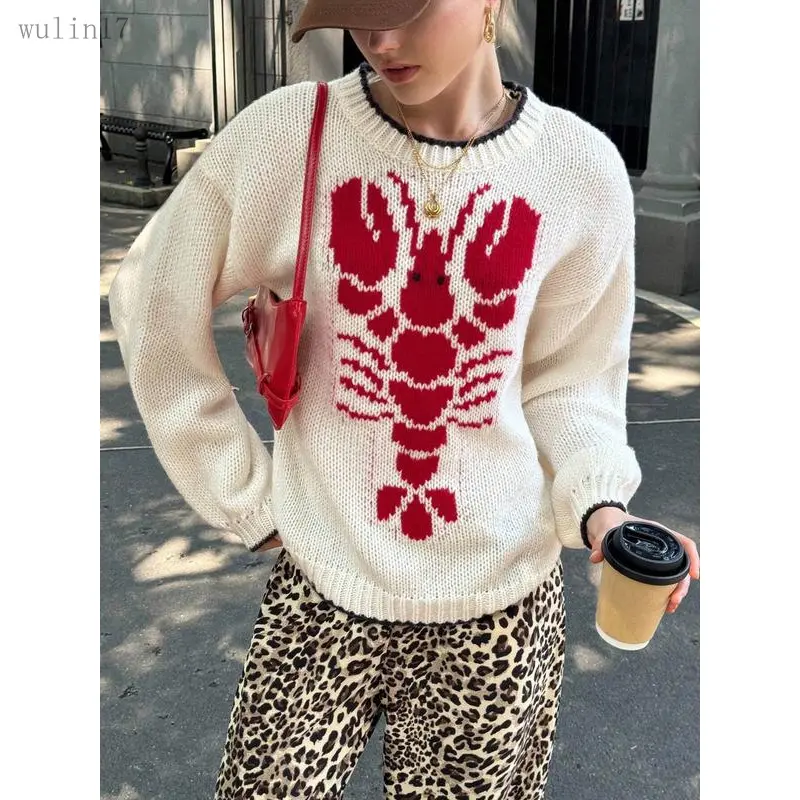 New Women's Cartoon Lobster Print Drop-Shoulder Sweater, Casual Round Neck Knitwear for Fall & Winter Daily Wear, Long Sleeve Tops Women (Gift), Sweaters