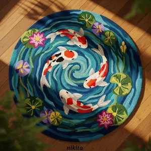 Round Koi Fish Lotus Rug, Modern Luxury Vintage Style Carpet, Soft Comfortable Plush Foot Pad, Decorative Rug Mat, Hand Wash Only, for Living Room Bedroom