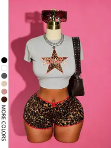 Women's Y2K Leopard Print Two-Piece Set, Star Letter Print Tank Top + Lounge Shorts, Summer Sexy Casual Pajama Set, Music Festival, Loungewear, Nightwear, Pjs
