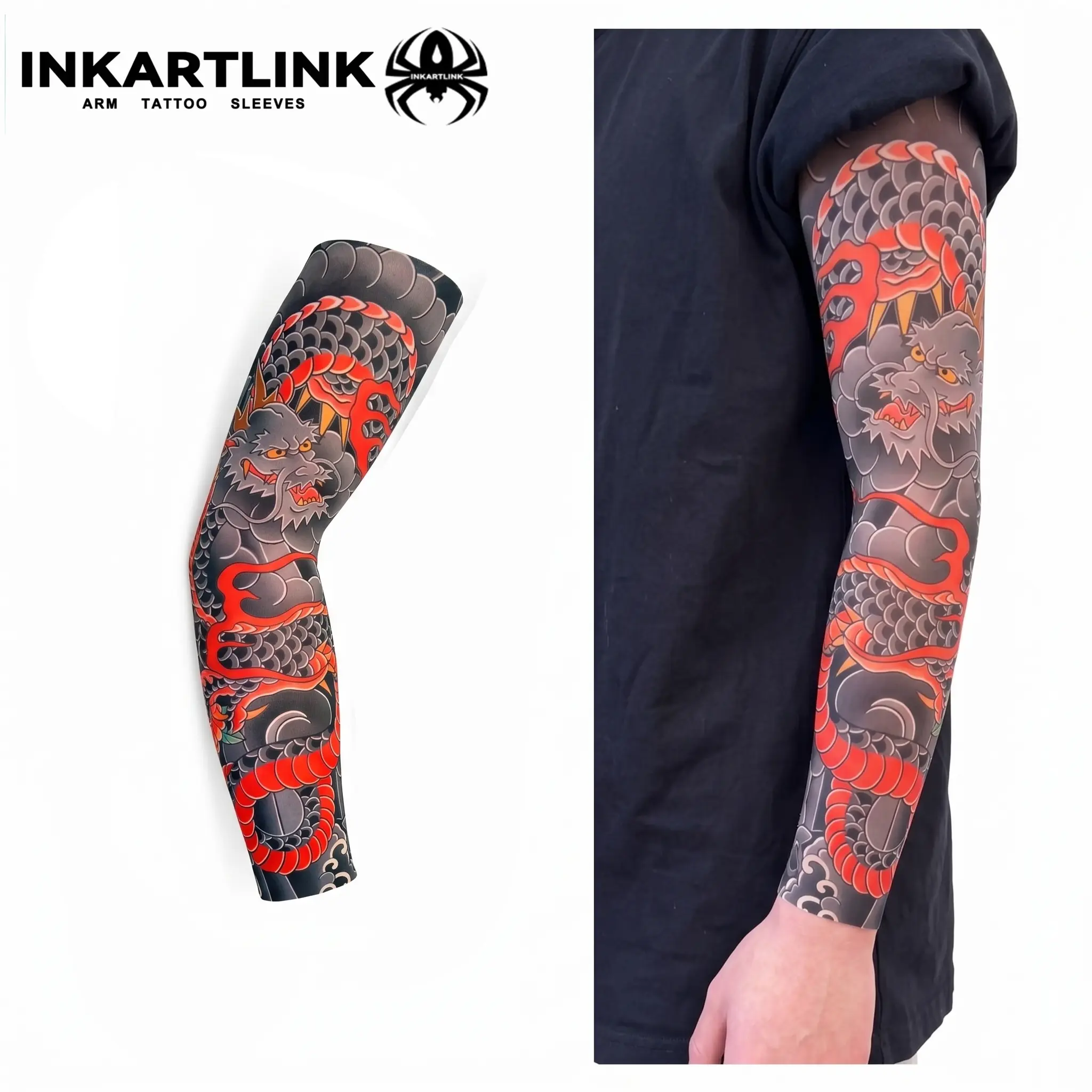 Japanese Traditional Dragon Print Arm Sleeves Cover (1 Piece) - Polyester & Ice Silk Long Sun Shield, Realistic Black & Red Hand-Washable Adult Fashion Accessory, Full Length, Tattoo Enthusiasts, Long Sleeve