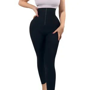 QOU High Stretch Waistband Seamless Shaping Leggings with Hook & Zipper Closure for Women's Basic Minimalist Black Patchwork Waistband Comfortable Elastic Bottoms - Style - Womenswear