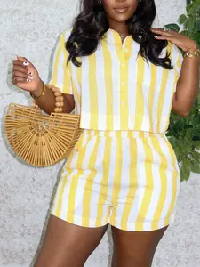 Women's Casual Striped Shorts Set, Matching Sets, Casual Outfit Set, Loose Fit Shirt + Elastic Waist Two-Piece Summer, Comfortable and Stylish Ladies' Clothing
