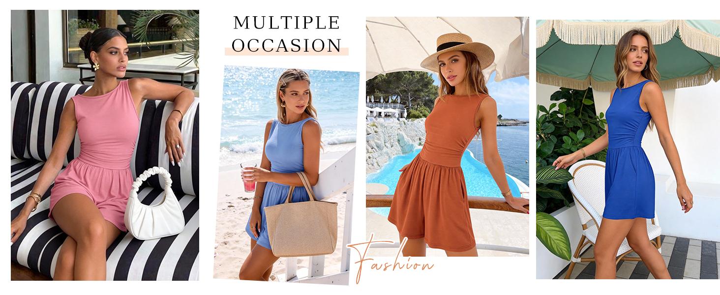 PrettyGarden Summer Rompers for Women Dressy Casual Sleeveless Short Wide Leg Jumpsuits Beach Vacation One Piece Outfits#Summervibes