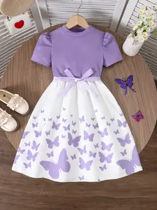 Girls’ striped ribbed crew-neck short-sleeve A-line dress with bow/butterfly print for spring, autumn, and summer; girls’ casual dress; spring–summer style; everyday wear; little princess dress for small girls