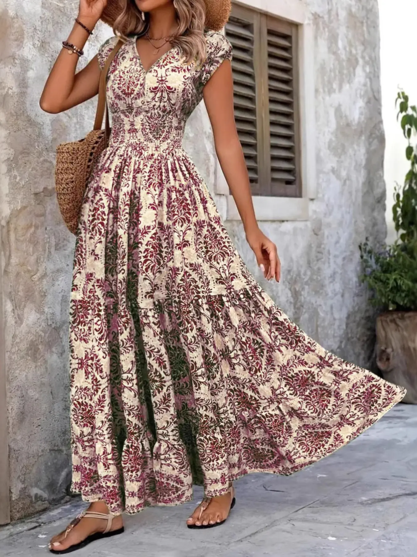 2026 New Arrival Retro Vintage Bohemian Boho Chic Print Dress, Fashionable Elegant V Neck Short Sleeve Long Dress, Women's Casual Wear Clothing, European and American Style Summer
